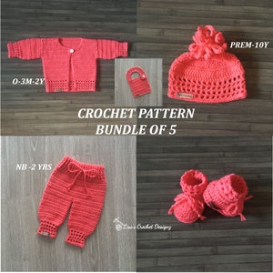 CROCHET PATTERN BUNDLE - Coral - 5 Crochet Patterns - Crochet Baby Sweater Cardigan, Crochet Hat, Booties and Baby Pants to 2 Years + Bib