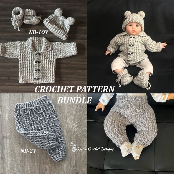 CROCHET PATTERN BUNDLE - Theo - 2 Crochet Patterns - Baby Sweater Cardigan and Hat to 10 Years, Booties and Crochet Baby Pants to 2 Years