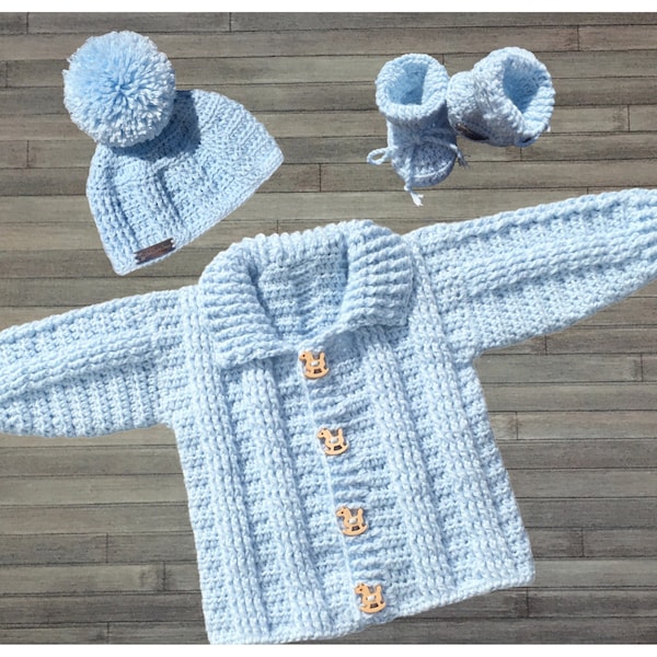 CROCHET PATTERN - Zeb - Baby Cardigan Hat and Booties Set to 2 Years DK/8 Ply (022S)