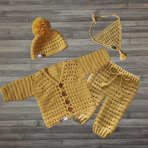 Crochet Pattern - Sam Set - Baby Toddler Child Cardigan Sweater and Hat to 10 Years, Baby Pants to 2 Years and Bandana Bib. ENGLISH ONLY.