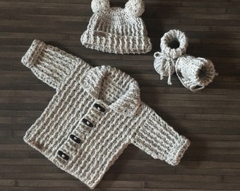 CROCHET PATTERN - Theo Baby to Child to 10 Years Crochet Cardigan Hat and Booties Set Aran 10 Ply (049)