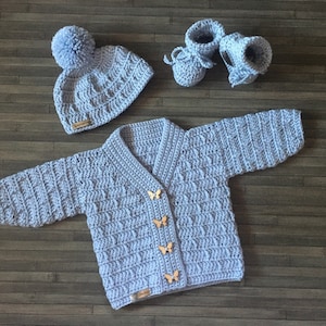 CROCHET PATTERN - Kasey- Crochet Cardigan Hat and Booties Set 9 Sizes Newborn up to 10 Years DK/8 Ply (046S)