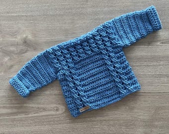 Crochet Pattern - River Crochet Baby Sweater Pattern 8 sizes (0–12 Years), Cabled Baby & Kids Boat Neck Pullover Jumper Pattern, DK 8 Ply