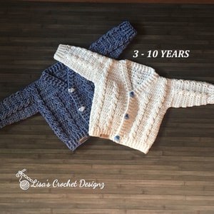 Crochet PATTERN - Ethan Cabled V-neck Child Cardigan Sweater,  4 Sizes 3 - 10 Years Dk 8 Ply ENGLISH ONLY