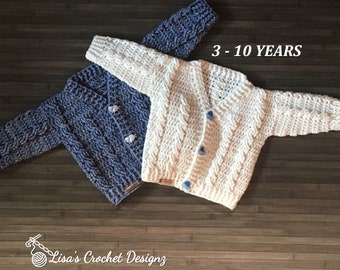 Crochet PATTERN - Ethan Cabled V-neck Child Cardigan Sweater,  4 Sizes 3 - 10 Years Dk 8 Ply ENGLISH ONLY