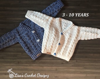 Crochet PATTERN - Ethan Cabled V-neck Child Cardigan Sweater,  4 Sizes 3 - 10 Years DK 8 Ply by Lisa's Crochet Designz