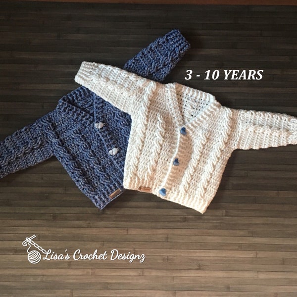 Crochet PATTERN - Ethan Cabled V-neck Child Cardigan Sweater, 4 Tailles 3 - 10 Ans DK 8 Ply par Lisa's Crochet Designz