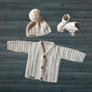 Crochet Pattern - Carter Crochet Baby Cardigan Sweater Hat and Booties Set 4 sizes (0-3 Months to 2 Years), Dk 8 Ply Light Worsted 3