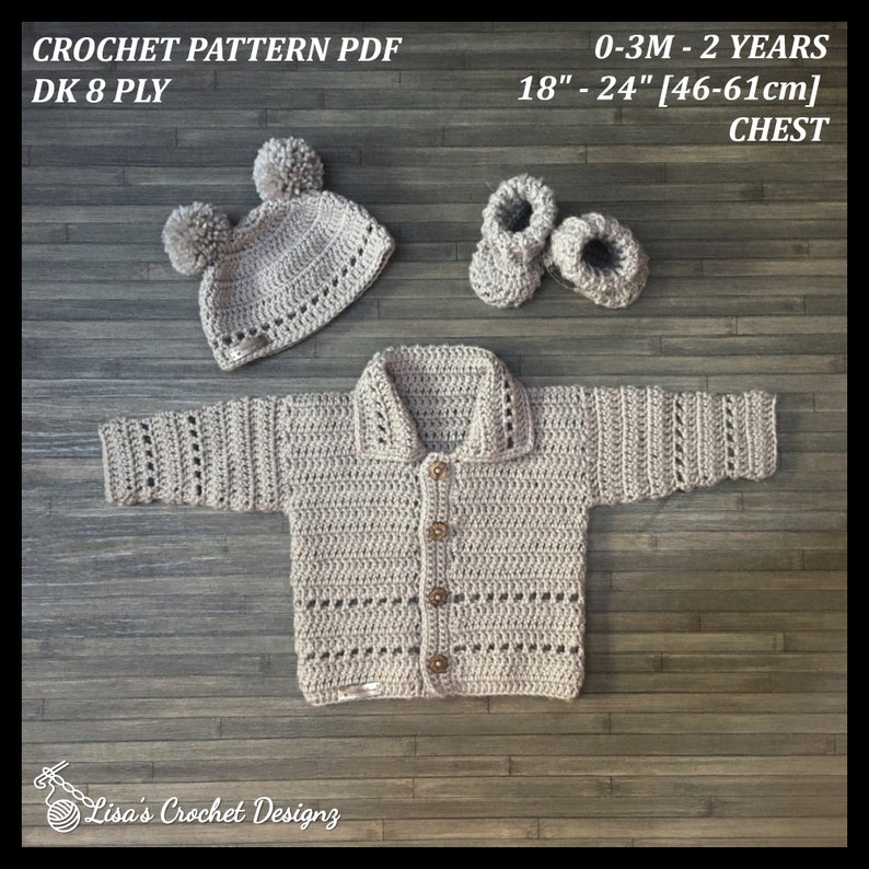 Crochet PATTERN Zac Baby Crochet Cardigan Hat and Booties Set Newborn to 2 years DK/8 Ply image 3