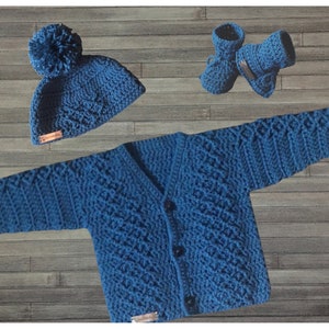 Crochet PATTERN - Devon - Crochet Baby Cardigan Hat and Booties Set Newborn to 2 Years Dk 8 Ply ENGLISH ONLY