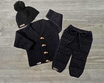 Crochet Pattern - Aaron Baby Outfit Pattern PDF Set, Baby Toddler Child Sweater (Cardigan Hat-10Y) (Pants-2Y)