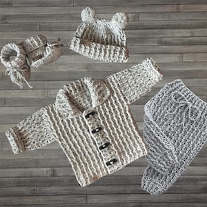 Crochet Pattern - Theo Set - Baby Toddler Child Sweater and Hat to 10 years, Booties to 1 and Baby Pants to 2 Years ENGLISH ONLY. Baby gifts