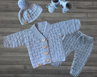 Crochet Pattern - Kasey - Baby Toddler Child Cardigan Sweater and Hat to 10 Years, Booties and Crochet Baby Pants to 2 Years. ENGLISH ONLY