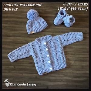 CROCHET PATTERN Lola Crochet Baby Cardigan Hat and Booties Set Newborn to 2 Years DK/8 Ply 013S image 3