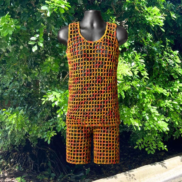 Crochet Pattern - Mirage Men's Mesh Tank Top & Shorts Set (XXS–5XL) Crochet Summer Outfit for Men and Women, Aran 10 Ply