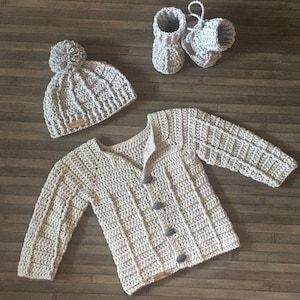 Crochet PATTERN - Stirling - Crochet Baby Cardigan Hat and Booties Set 0-3 Months Dk 8 Ply or Light Worsted 3 ENGLISH ONLY