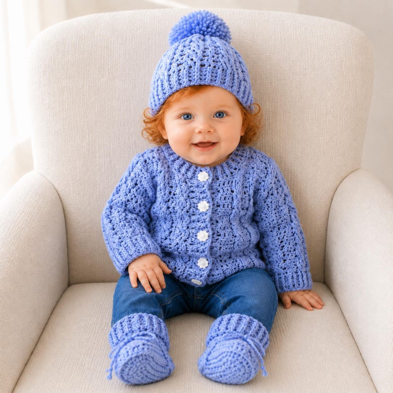 Crochet Pattern - Lola Crochet Baby Cardigan Hat and Booties Set, 4 Sizes (0 to 3 Years), Crochet Baby Outfit, DK/8 Ply image 3
