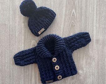 Crochet Pattern - William Shawl Collar Baby and Kids Cardigan and Hat Set (Prem to 10 Years), DK 8 Ply