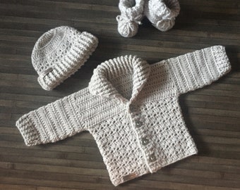 Crochet Pattern - Corbin Shawl Collared Crochet Baby Cardigan Hat and Booties Set in 3 sizes (0-3 Years) DK 8 Ply