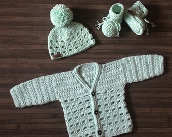 Crochet Pattern - Adam Baby Cardigan Sweater Hat and Booties Set 4 Sizes (0-3 Years), Dk 8 Ply