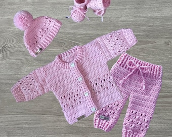 Crochet Pattern - Izzy Baby Outfit Pattern Set - Crochet Baby Cardigan Sweater 0-3Y Hat Booties and Crochet Baby Pants NB-2Y