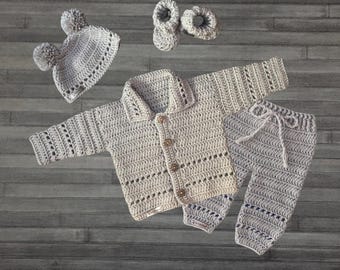 Crochet Pattern - Zac Baby Outfit Pattern Set - Baby Cardigan Hat Booties Pants, DK 8 Ply