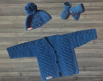 Crochet Pattern - Devon Crochet Baby Cardigan Hat Booties Set, Sizes 0-2 Years, DK 8 Ply