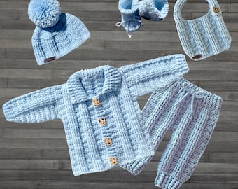 Crochet Pattern - Zeb Baby Outfit Pattern Set - Baby Sweater Hat Booties Pants Bib Set, DK 8 Ply