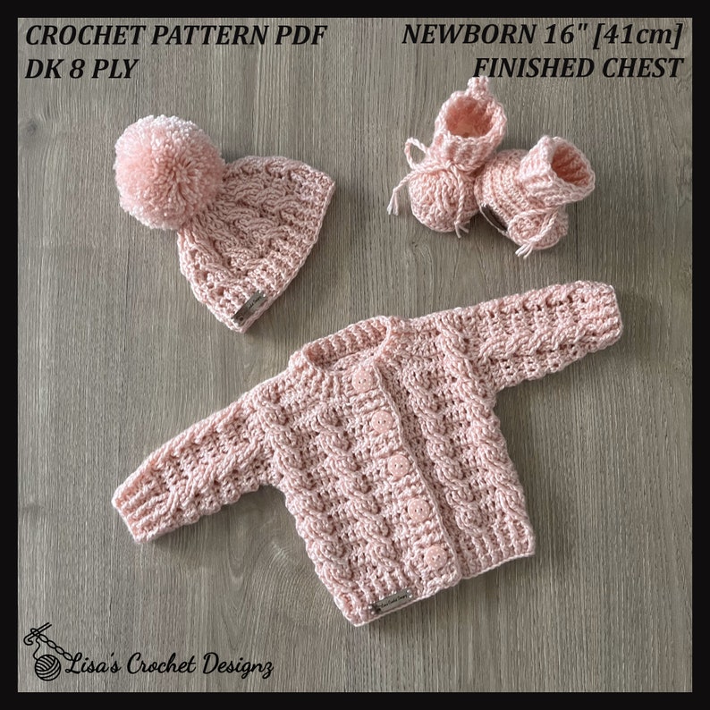 Schema per uncinetto - Lola - Set composto da cardigan, cappellino e scarpine per neonato (neonato), filato DK 8 Ply immagine 2