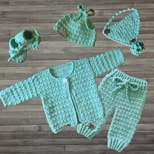 Crochet Pattern - Fiona Set - Crochet Baby Sweater, Hat, Booties, Baby Pants to 2 Years, Bandana Bib. ENGLISH ONLY. Boy or girl baby gifts