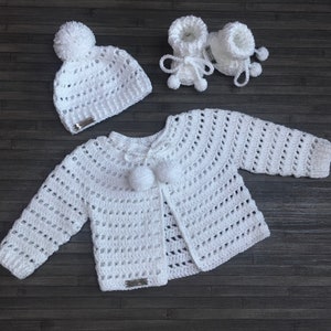 CROCHET PATTERN - Lucy - Crochet Baby Cardigan Hat and Booties Set in size 0 - 3 Months DK/8 Ply (052)