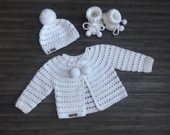 CROCHET PATTERN - Lucy - Crochet Baby Cardigan Hat and Booties Set in size 0 - 3 Months DK/8 Ply (052)