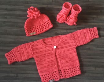 Crochet Pattern - Coral Crochet Baby Cardigan Hat and Booties Set 4 sizes (0-3 Years) DK 8 Ply