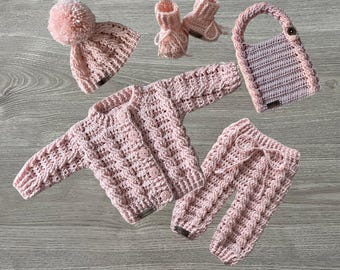 Crochet Pattern - Lola Set - Newborn Crochet Baby Cardigan, Hat to 10 Years, Booties, Baby Pants to 2 Years + Bib. ENGLISH ONLY
