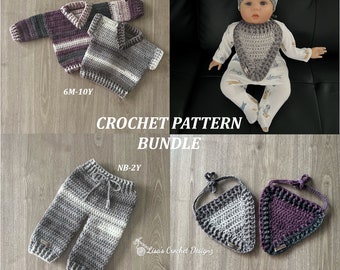 CROCHET PATTERN BUNDLE - Rebel - 3 Crochet Patterns - Baby Sweater and Vest to 10 Years and Crochet Baby Pants to 2 Years + Bandana Bib