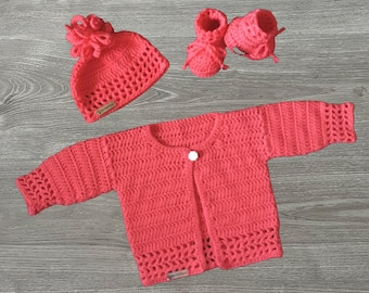 CROCHET PATTERN - Coral Crochet Baby Cardigan Hat and Booties Set in 4 sizes Newborn to 2 Years DK 8 Ply