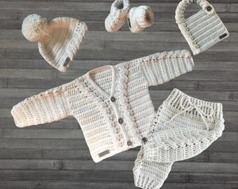 Crochet Pattern - Cooper Cabled Crochet Baby Outfit Pattern Set - Cardigan Sweater Hat Booties Pants and Bib, DK 8 Ply