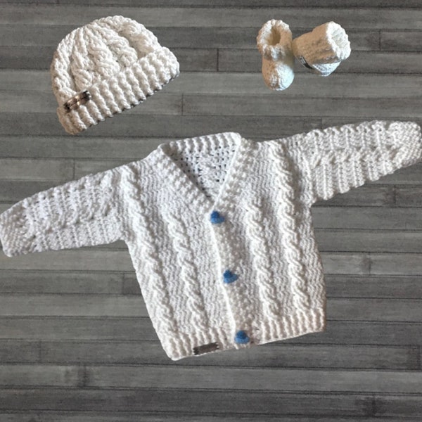 CROCHET PATTERN - Ethan - Crochet Baby Sweater Hat and Booties Set in 4 sizes 0-3 Months to 2 Years DK | 8 Ply (011S)