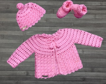 Crochet PATTERN - Luna Baby Cardigan Hat and Booties Set Newborn to 3 Months DK/8 Ply