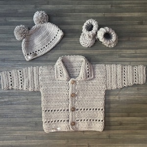 Crochet PATTERN - Zac Baby Crochet Cardigan Sweater, Hat and Booties Set Newborn to 2 years Dk 8 Ply Light Worsted 3 ENGLISH ONLY