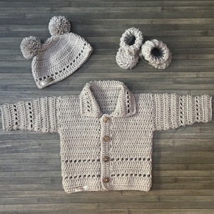 Crochet PATTERN Zac Baby Crochet Cardigan Hat and Booties Set Newborn to 2 years DK/8 Ply image 1