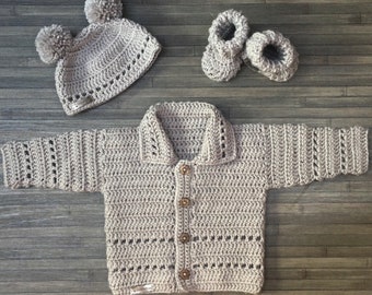 Crochet PATTERN - Zac Baby Crochet Cardigan Hat and Booties Set Newborn to 2 years DK/8 Ply