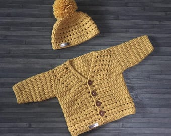 Crochet Pattern - Sam Baby Toddler and Kids Cardigan and Hat Set 0-3 Months to 10 Years, Crochet Baby Outfit, DK 8 Ply, ENGLISH ONLY