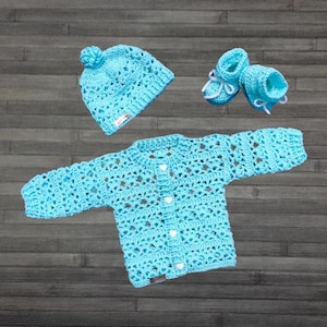 Crochet PATTERN - Bonnie Baby Crochet Cardigan Sweater Hat and Booties Set 0 - 3 Months Dk 8 Ply, Light Worsted 3, ENGLISH ONLY, Boy or Girl