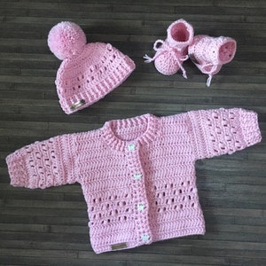 Crochet PATTERN - Izzy - Crochet Baby Sweater Cardigan, Hat and Booties Set in 3 Sizes Newborn to 2 Years Dk 8 Ply ENGLISH ONLY