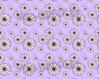 Lila karierte Gänseblümchen, wiederholen Sie das nahtlose Muster, lila Ästhetik, Muster für Stoffe, Oberflächentextildesign, digitales Papier zum Basteln
