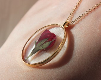 rose in resin rose pendant Rose with leaf Chain pendant rose pink rose
