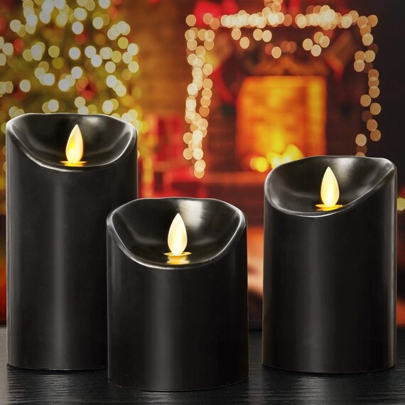 Black Flameless Candles Battery Operated Pillar Real Wax Etsy