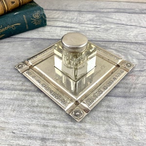 Antique silver inkwell, hallmarked Birmingham 1926, with original cut glass inkpot / Arts and Crafts ink stand / desk tidy