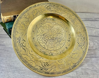 Vintage Chinese brass dish with dragons / antique small brass tray / brass charger / late 19th or early 20th century / Ming Xuande Mark